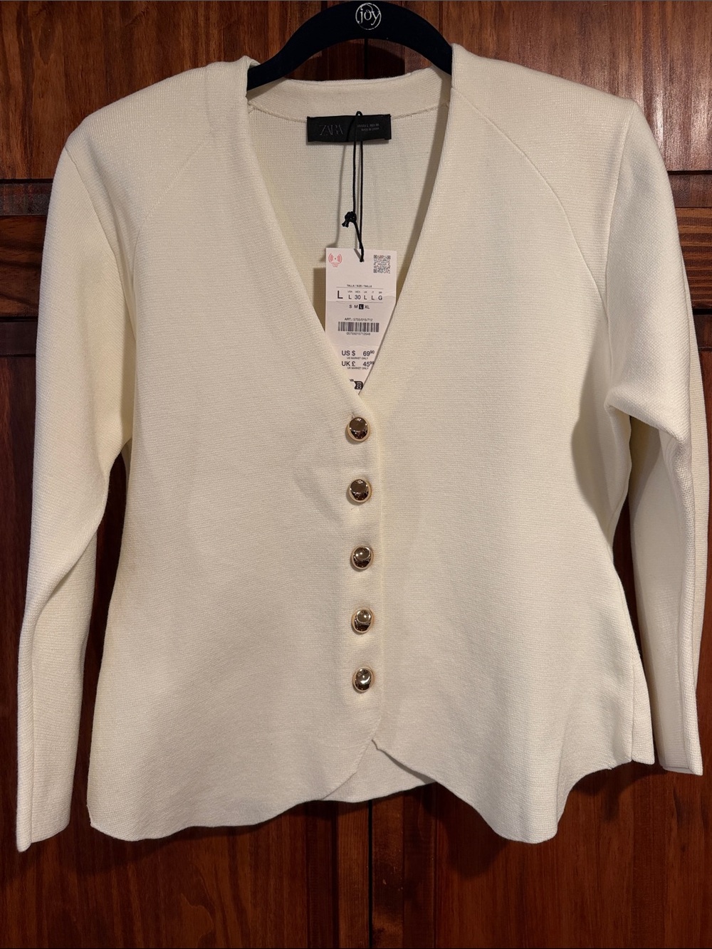 Zara Cream V-Neck Button-Front Sweater with Shoulder Pads